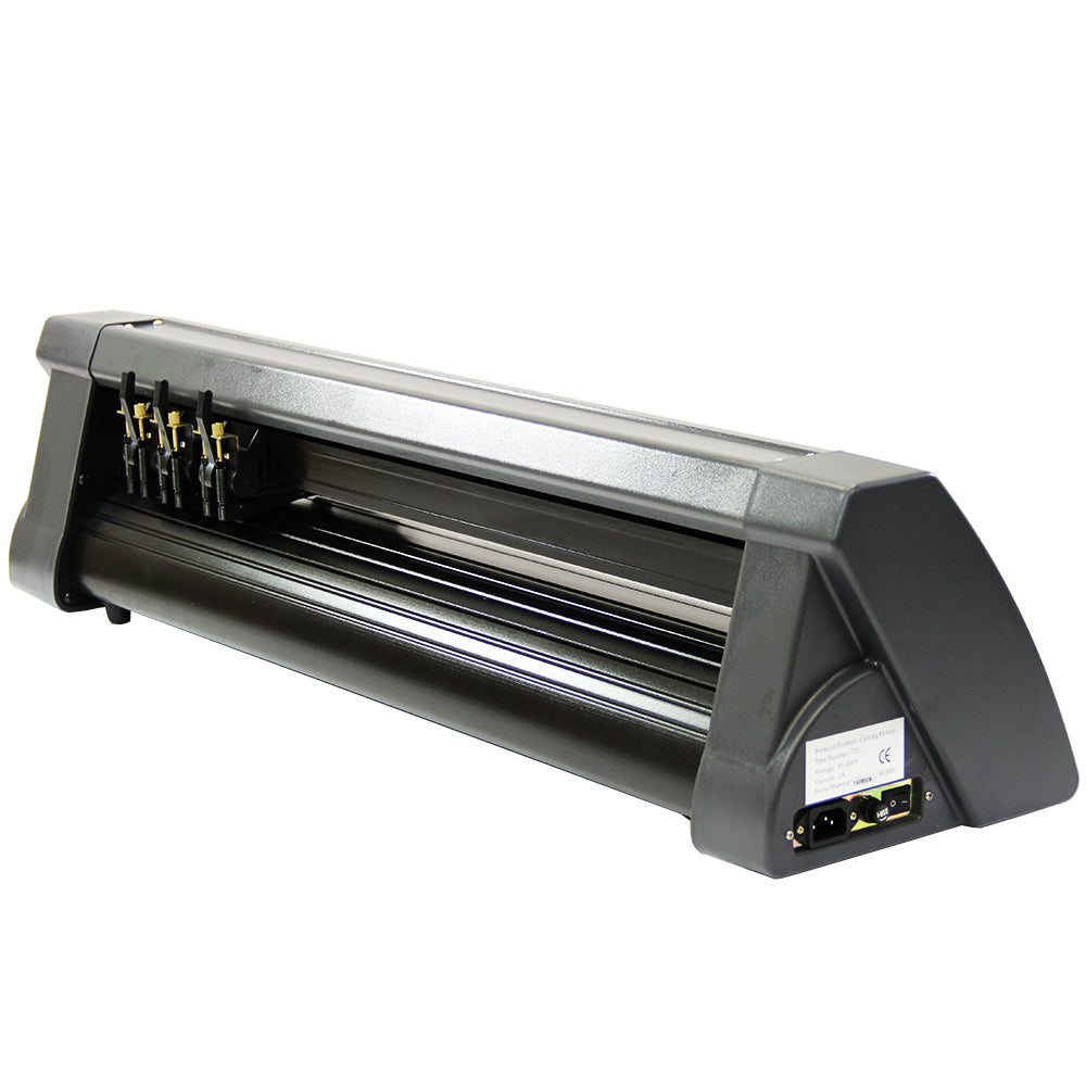 Plotter de recorte de vinil preto, com sistema de alimentação contínua, ideal para impressões econômicas e precisas
