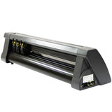 Plotter de recorte de vinil preto, com sistema de alimentação contínua, ideal para impressões econômicas e precisas