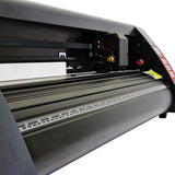 Plotter de recorte de vinil em preto, com sistema de alimentação contínua, detalhes metálicos e área de corte visível