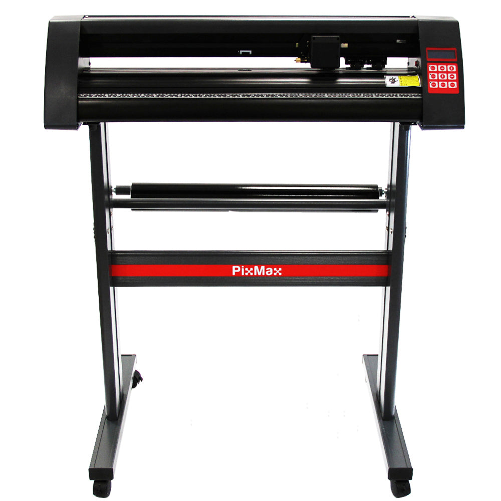 Plotter de recorte de vinil em preto com detalhes vermelhos, estrutura metálica robusta e painel de controle digital na parte frontal