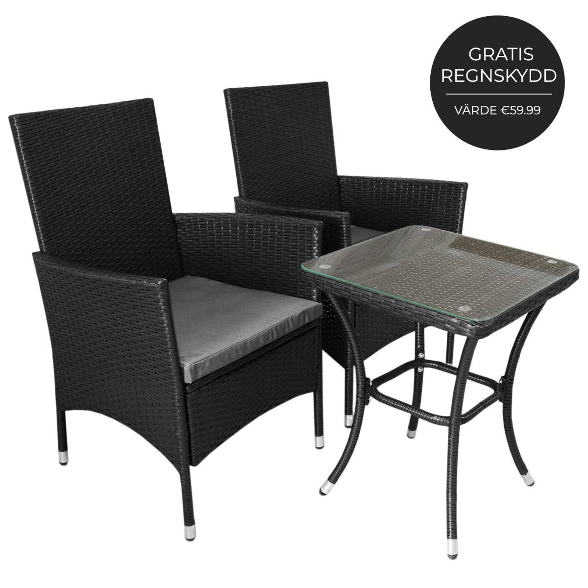 Conjunto bistró de rattan, 3 peças, cadeira de jardim ao ar livre, mesa, pá tio, sala de jantar, varanda, preto