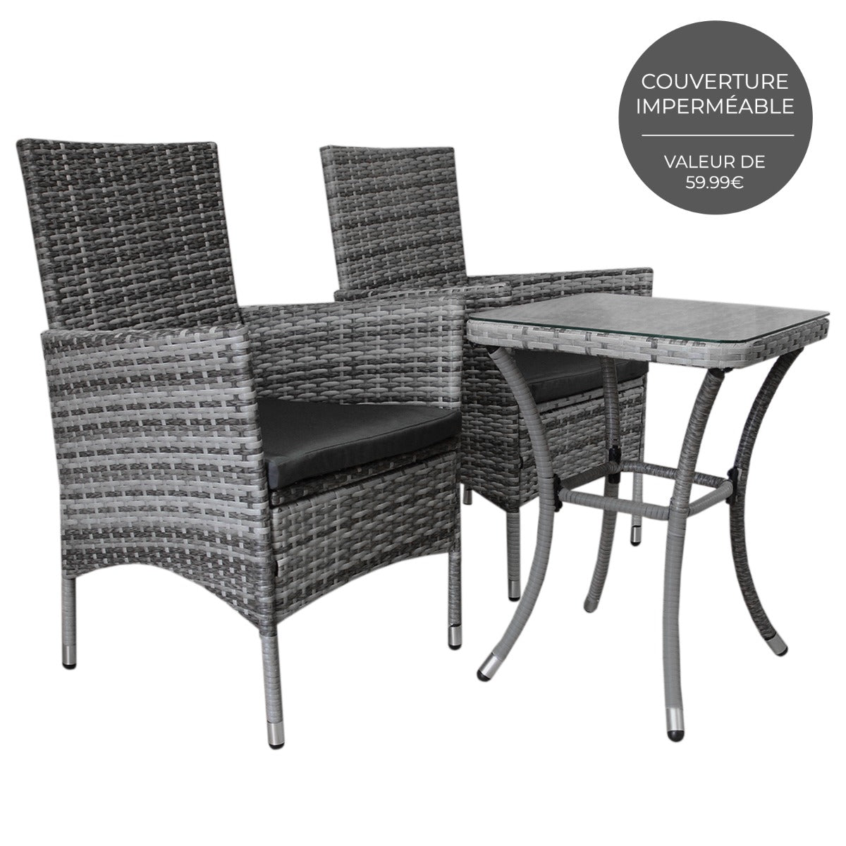 Conjunto bistró de rattan, 3 peças, cadeira de jardim ao ar livre, mesa, pá tio, sala de jantar, varanda, cinza