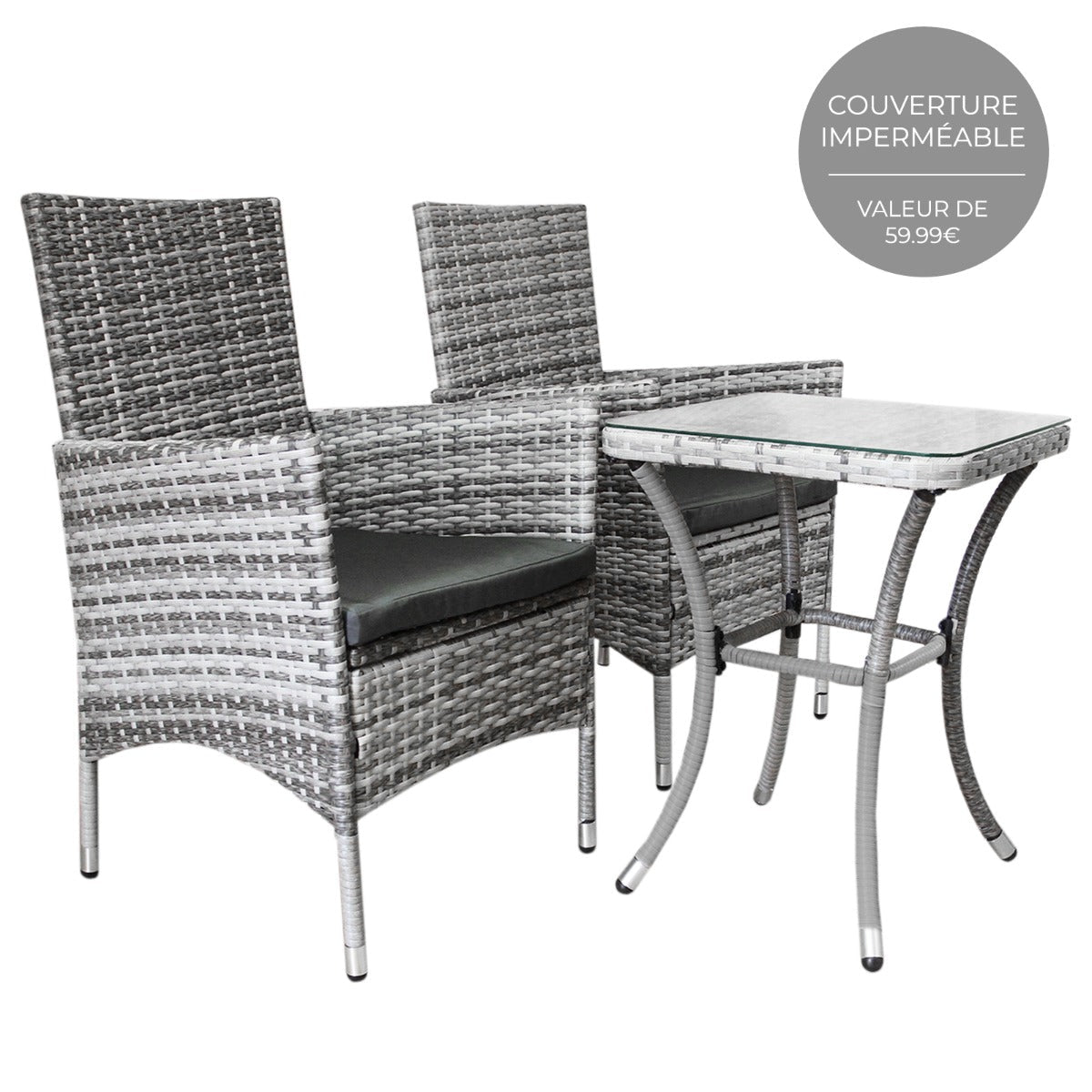 Conjunto bistró de rattan, 3 peças, cadeira de jardim ao ar livre, mesa, pá tio, sala de jantar, varanda, cinza claro