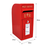Caixa de correio vermelha Royal Mail com suporte, detalhes em dourado, dimensões de 57cm x 37cm x 24cm, ideal para correspondências