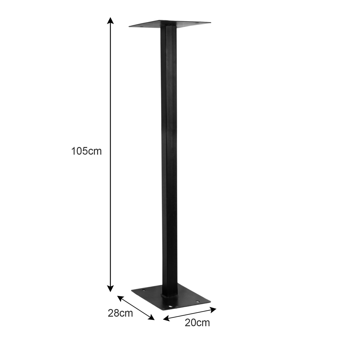 Suporte de metal preto para caixa de correio, com base quadrada de 20cm, altura de 105cm e largura de 28cm, ideal para instalação externa