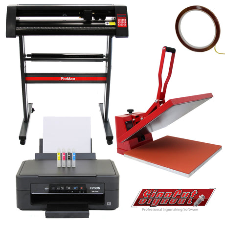 Prensa tipo concha vermelha de 50 cm, plotter de recorte de vinil preto e impressora Epson com cartuchos coloridos, ideal para personalização