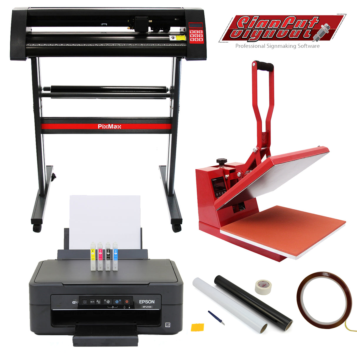Prensa de concha vermelha de 38 cm, plotter de recorte preto, impressora Epson e kit de depilação com materiais diversos