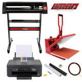 Prensa de concha vermelha de 38 cm, plotter de recorte preto, impressora Epson e kit de depilação com materiais diversos