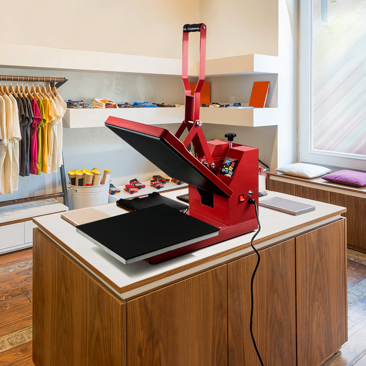 Prensa térmica Clam 38 x 38 cm e impressora com cartuchos