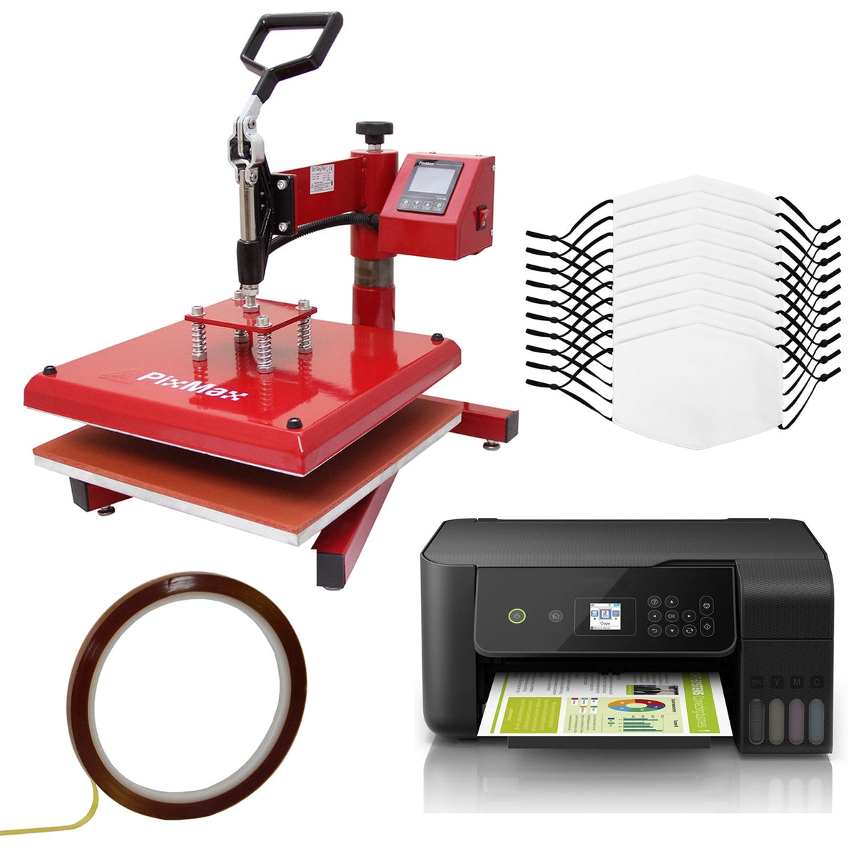 10 Má scaras Médias de Sublimação, Prensa Térmica Oscilante e Impressora Ecotank