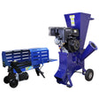 Rachador de toras azul de 7T e triturador de madeira de 15HP, ambos com design robusto e rodas para fácil transporte