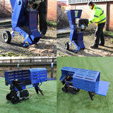 Rachador de toras T-Mech 7T em azul, com motor potente, e triturador de madeira T-Mech 15HP, ideal para jardinagem e paisagismo