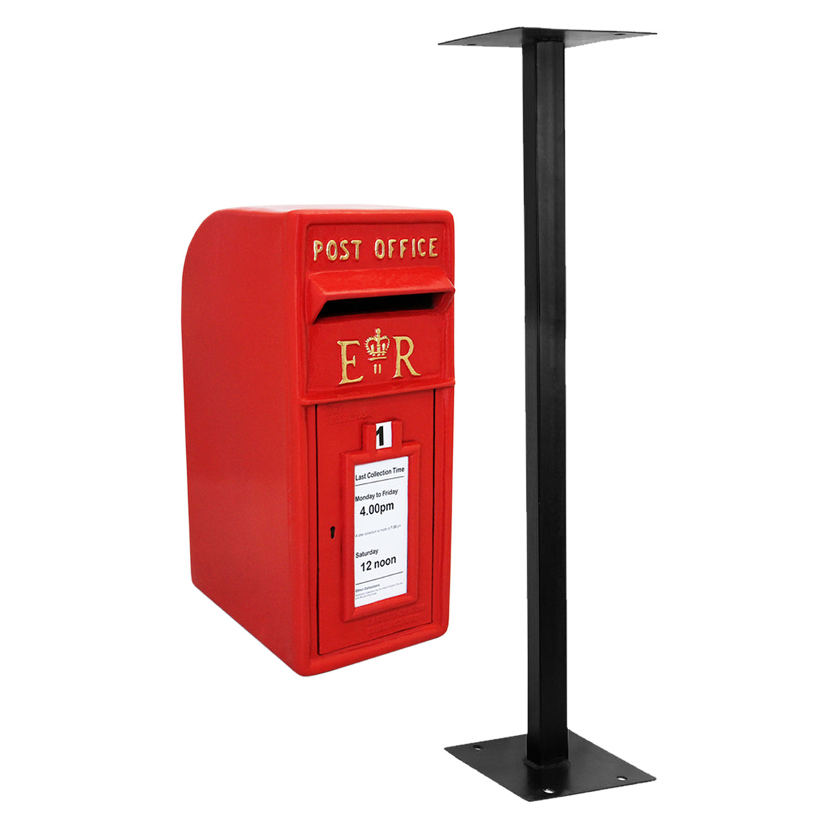Caixa de correio Royal Mail vermelha com suporte preto, destacando detalhes em dourado e espaço para etiquetas de correio