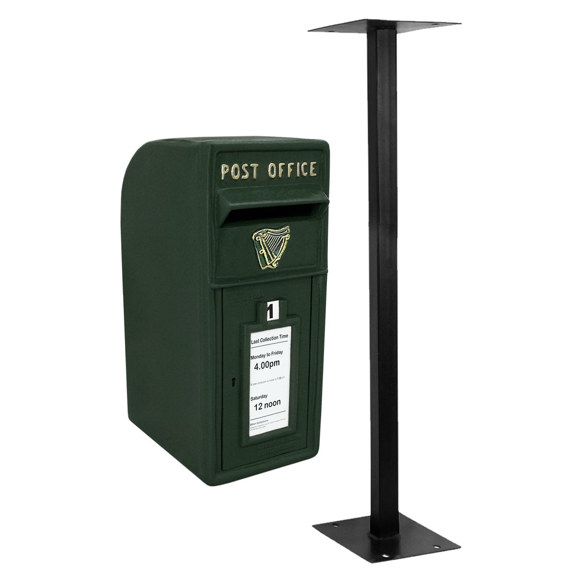 Caixa de correio Royal Mail verde irlandés com suporte de piso em ferro fundido e suporte de parede