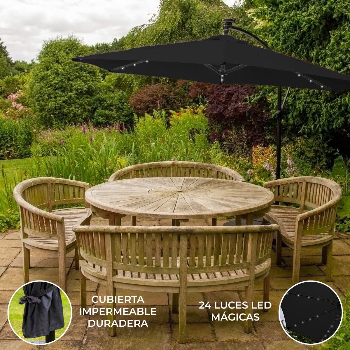 Guarda-chuva Cantilever 3m com Luzes LED - Preto