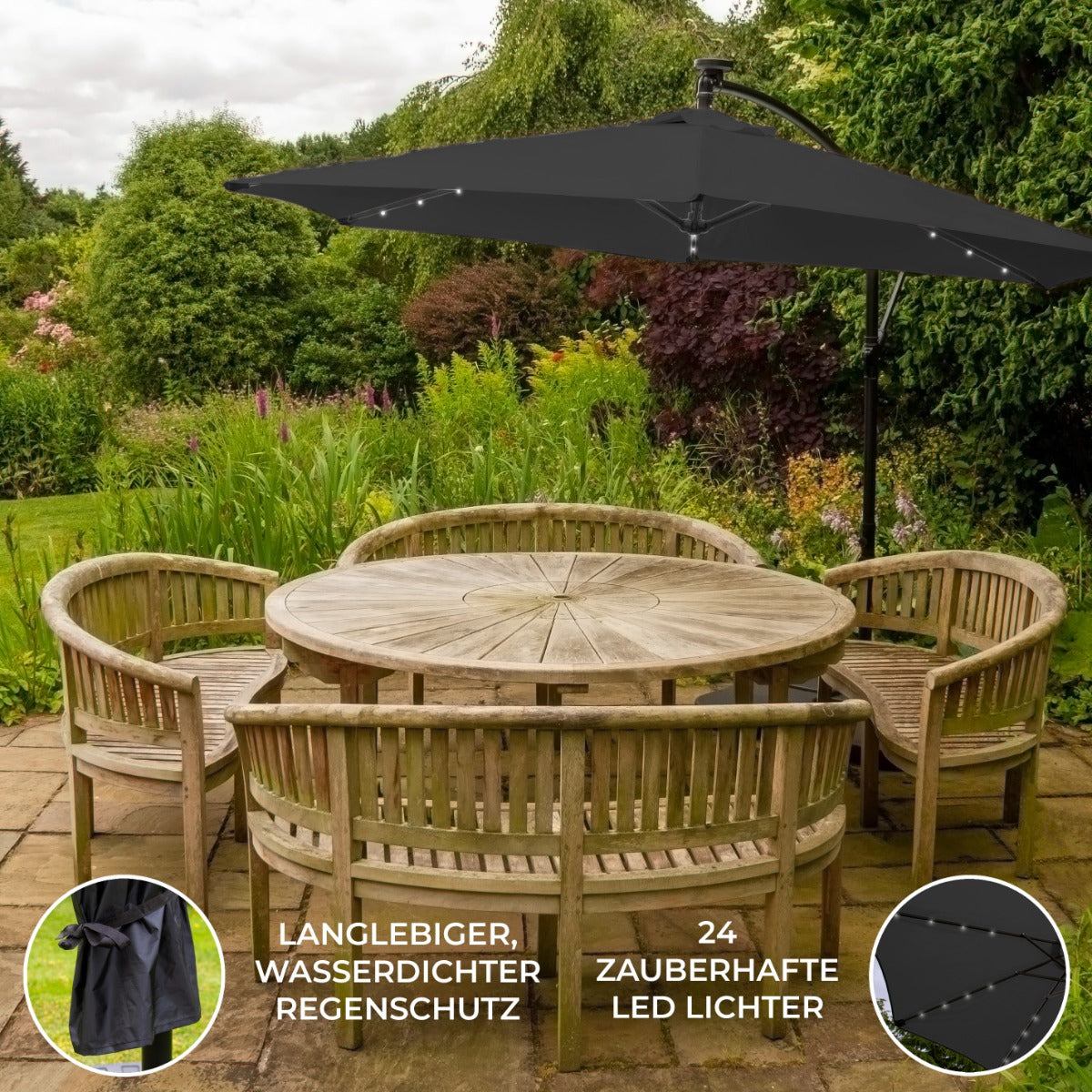 Guarda-chuva Cantilever 3m com Luzes LED - Cinza