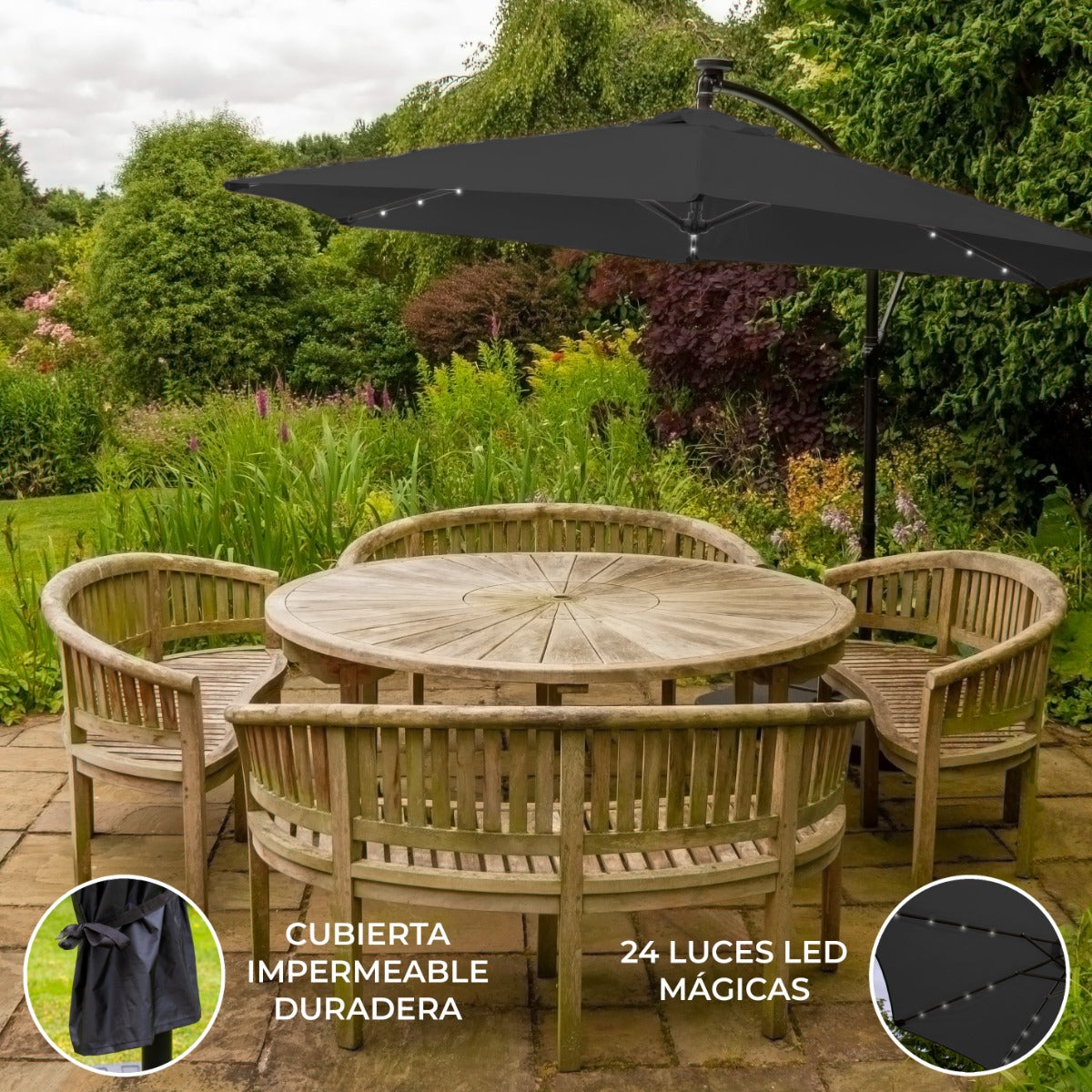 Guarda-chuva Cantilever 3m com Luzes LED - Cinza