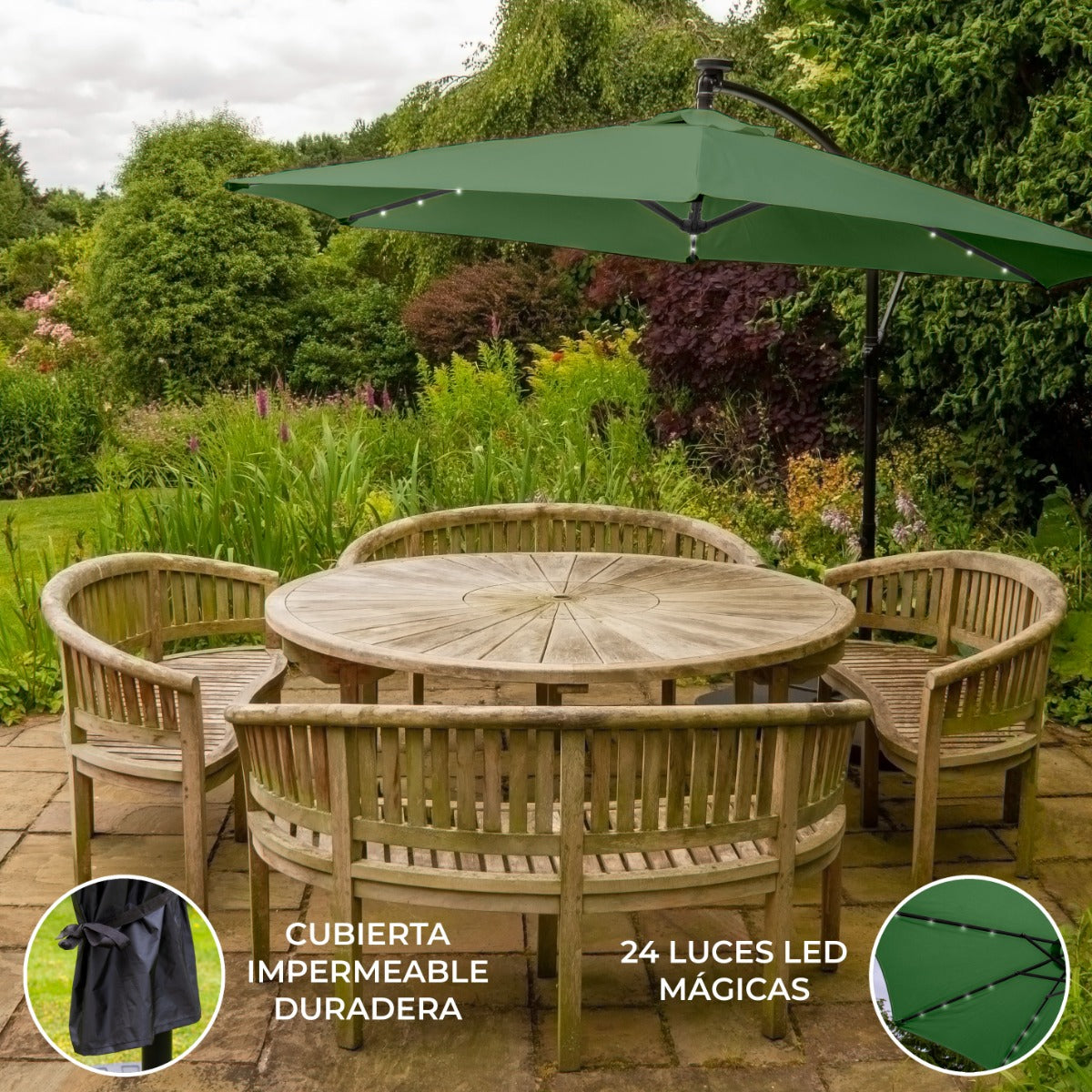 Guarda-chuva Cantilever 3m com Luzes LED - Verde