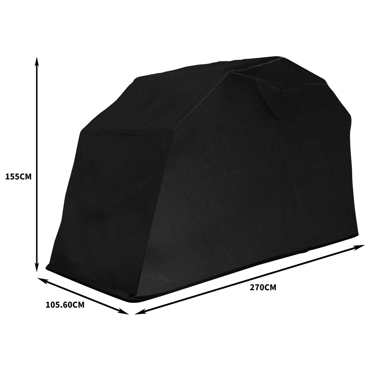 Capa de proteção preta para moto, com formato retangular, dimensões de 270cm x 155cm x 105.6cm, feita de material resistente e impermeável