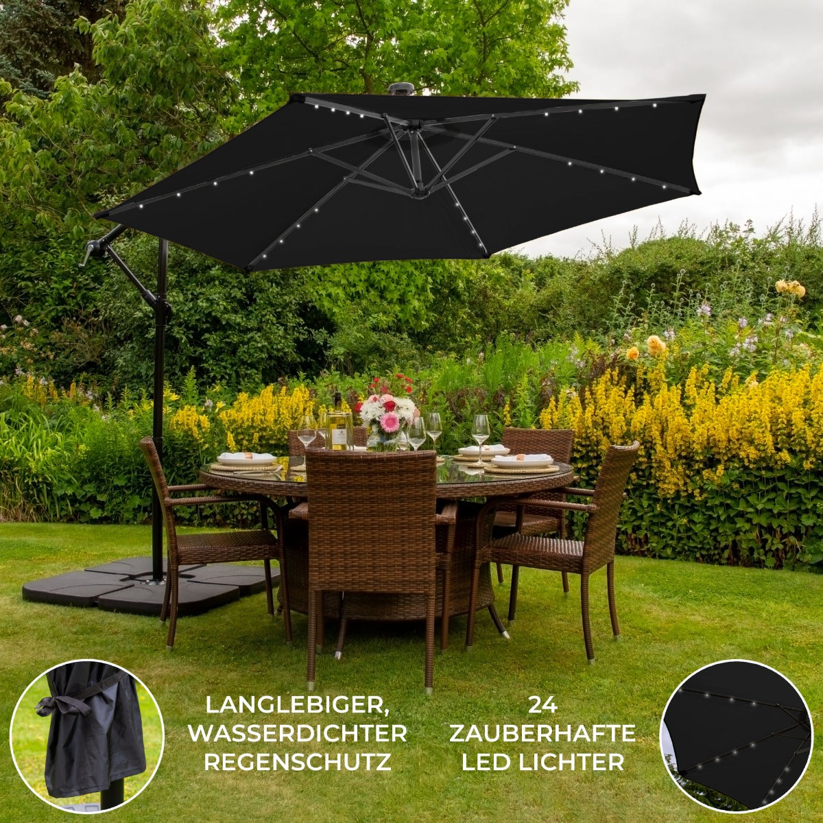 Guarda-sol Cantilever 3m com Luzes LED e Base Quadrada - Preto