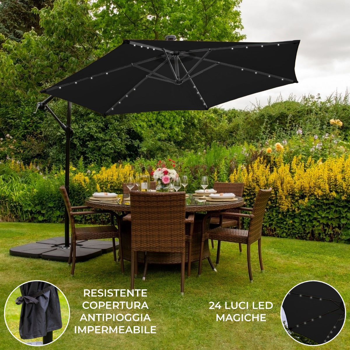 Guarda-sol Cantilever 3m com Luzes LED e Base Quadrada - Preto
