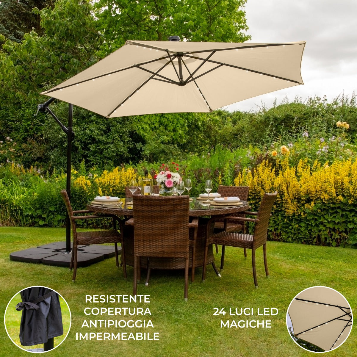 Guarda-sol Cantilever 3m com Luzes LED e Base Quadrada - Bege