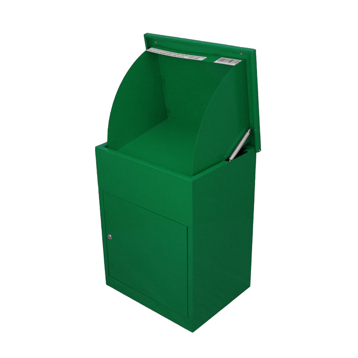 Caixa de coleta de lixo verde, com design moderno, superfície lisa e tampa curvada, ideal para ambientes externos e internos