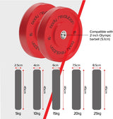 Conjunto de anilhas olímpicas coloridas de 150 kg, com detalhes em vermelho, compatíveis com barras de 2 polegadas, diferentes tamanhos e pesos