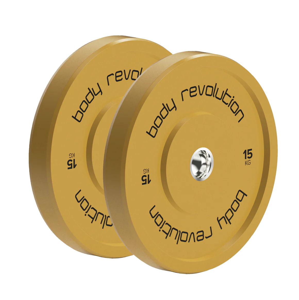 Anilhas olímpicas coloridas de 15 kg cada, com acabamento dourado e logotipo "Body Revolution" em destaque, ideal para treinos