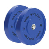 Conjunto de anilhas olímpicas coloridas de 150 kg, com detalhes em azul, material de borracha e design resistente para treino intenso
