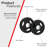 Conjunto de discos olímpicos de 7,5 kg em borracha preta, com formato triangular, alças embutidas e design slim para fácil manuseio