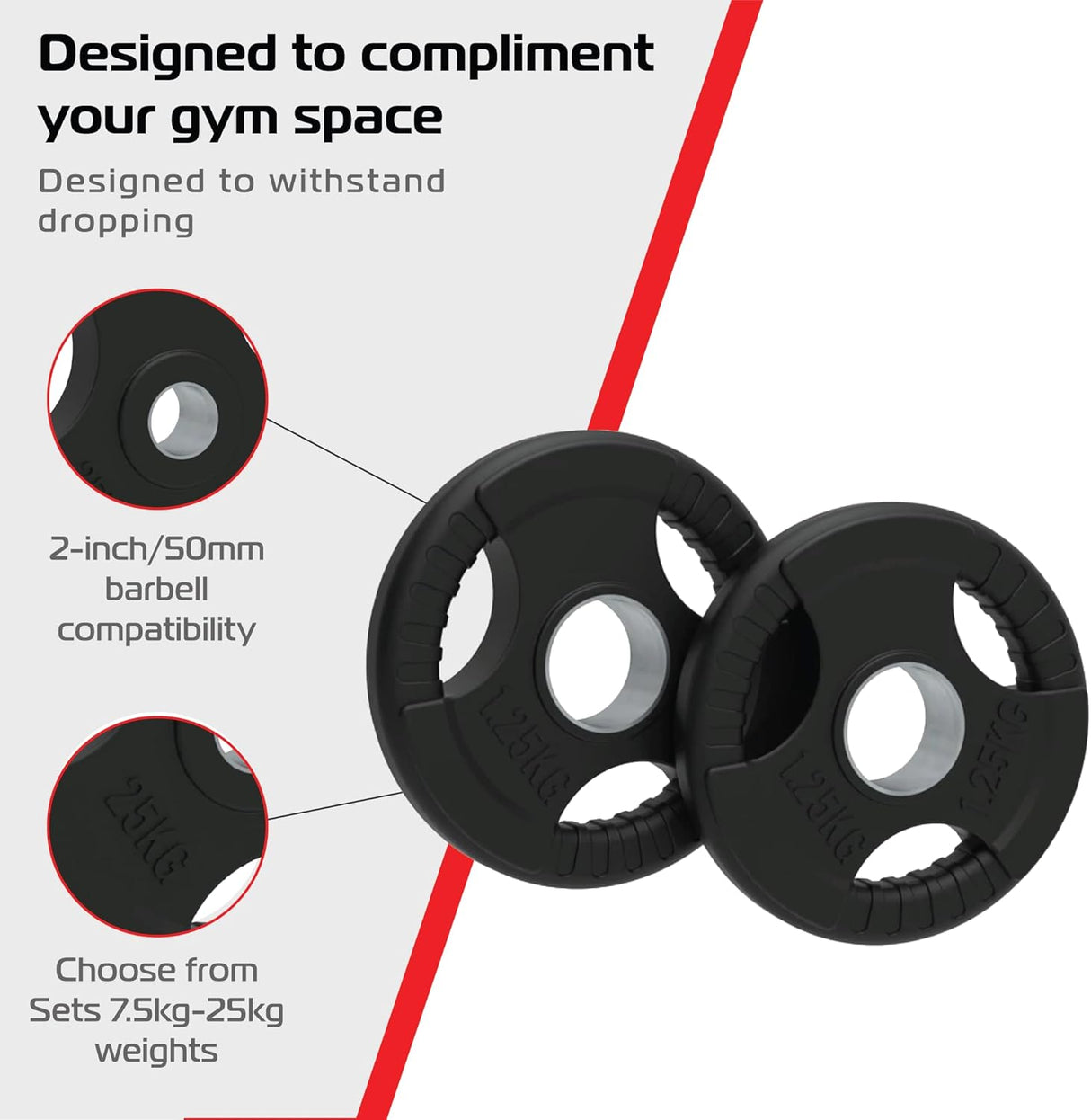 Conjunto de discos olímpicos de 7,5 kg em borracha preta, com abertura triangular e design resistente para uso em academias