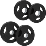 Discos olímpicos em borracha de 25kg com pegas Tri-Grip, acabamento preto, design ergonômico e durável para treino de força