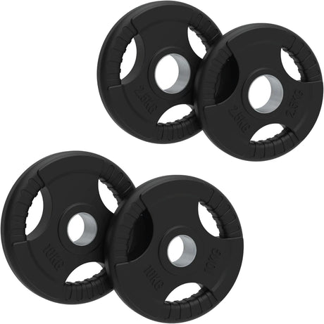 Discos olímpicos em borracha de 25kg com pegas Tri-Grip, acabamento preto, design ergonômico e durável para treino de força