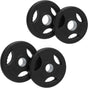 Discos olímpicos em borracha de 25kg com pegas Tri-Grip, acabamento preto, design ergonômico e durável para treino de força