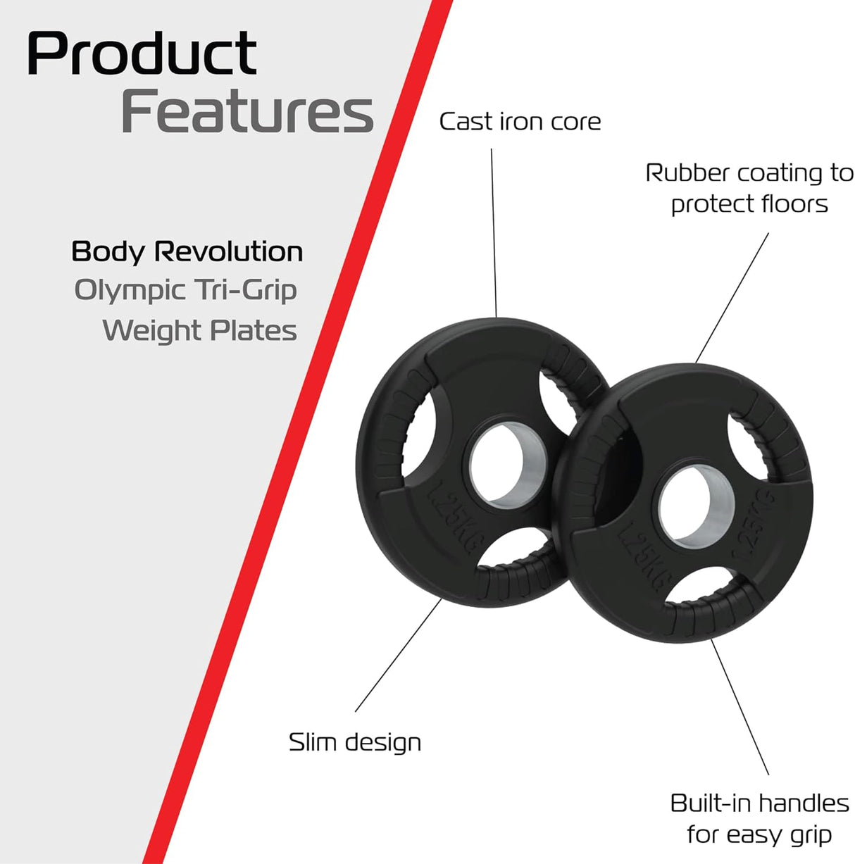 Discos olímpicos de 25kg em borracha preta, com pegas tri-grip e design slim, ideais para proteção de pisos e fácil manuseio