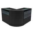 Conjunto de balcões comerciais em preto, com design moderno, iluminação LED e superfícies de vidro, ideal para lojas e exposições