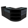 Conjunto de balcões comerciais em preto com luz LED, design moderno, prateleiras curvas e superfícies de vidro para exibição de produtos