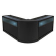 Conjunto de balcões comerciais em preto, com design moderno em formato de L, iluminação LED suave e superfícies de vidro