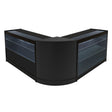 Conjunto de balcões comerciais em preto com iluminação LED, design moderno, superfícies lisas e prateleiras de vidro transparentes