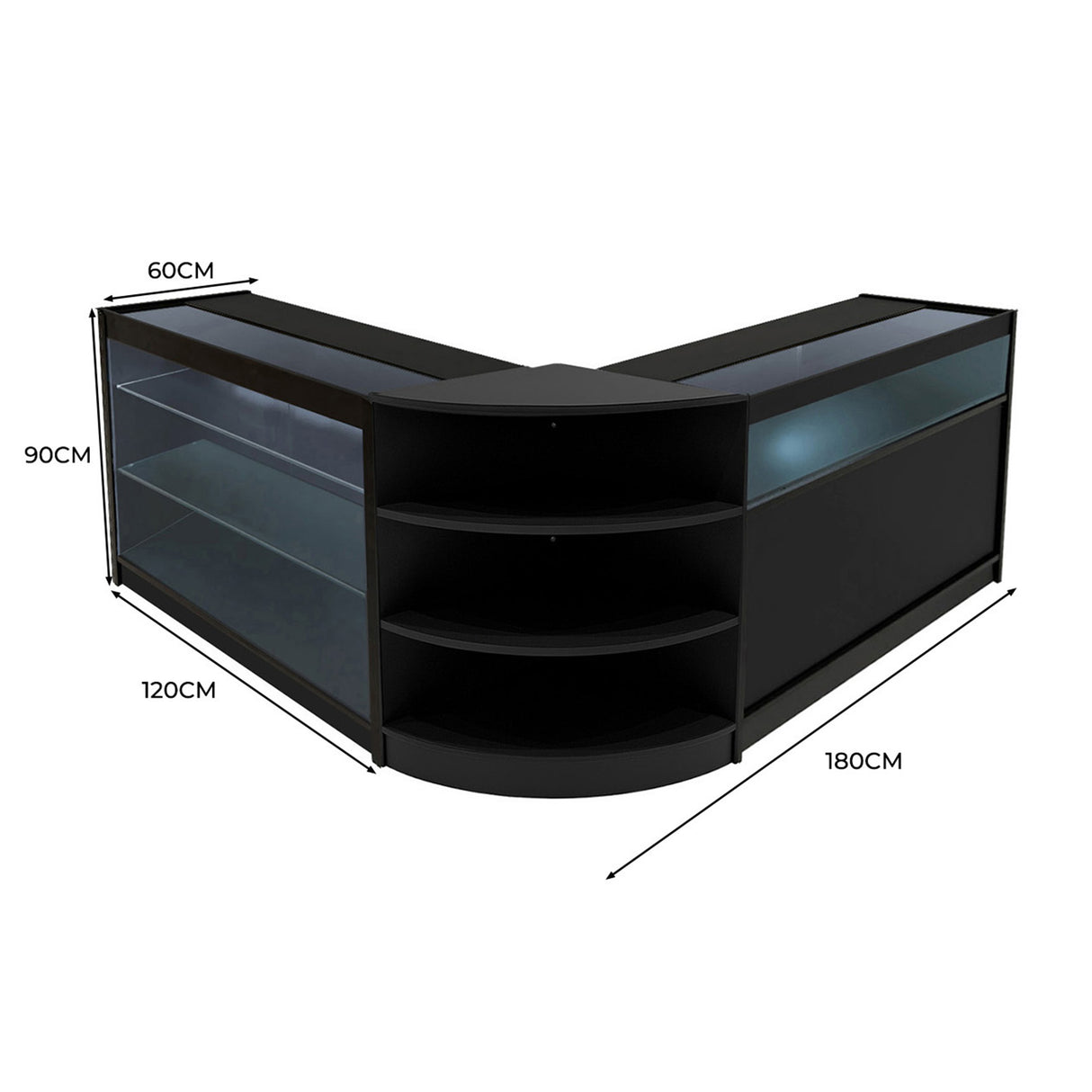 Conjunto de Balcões Comerciais com Luz LED  "DEMETER" LM60 + K1200 + B1200 – cor Preto