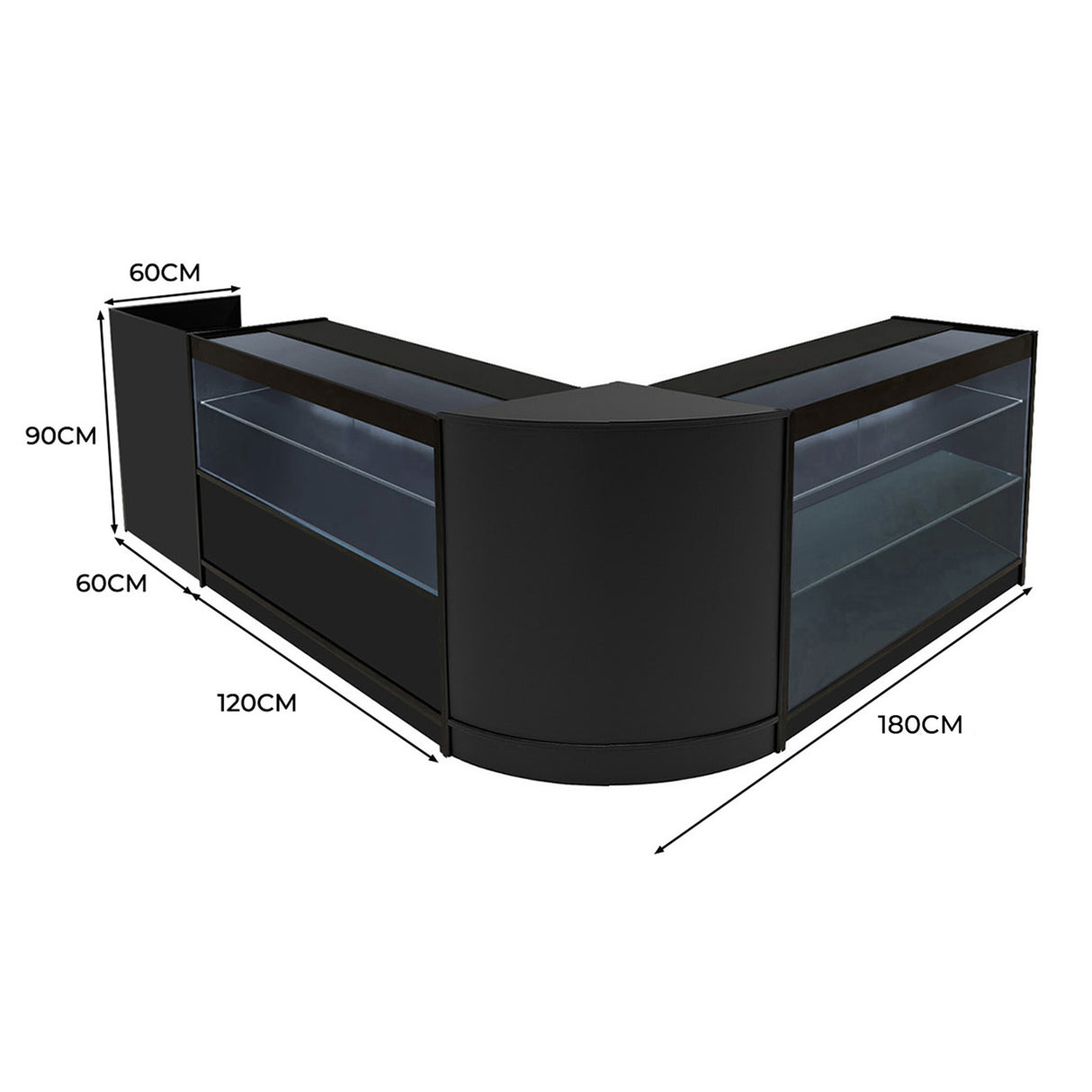 Conjunto de Balcões Comerciais com Luz LED "VEGA" CM60 + K1200 + C1200 + TB60 – cor Preto