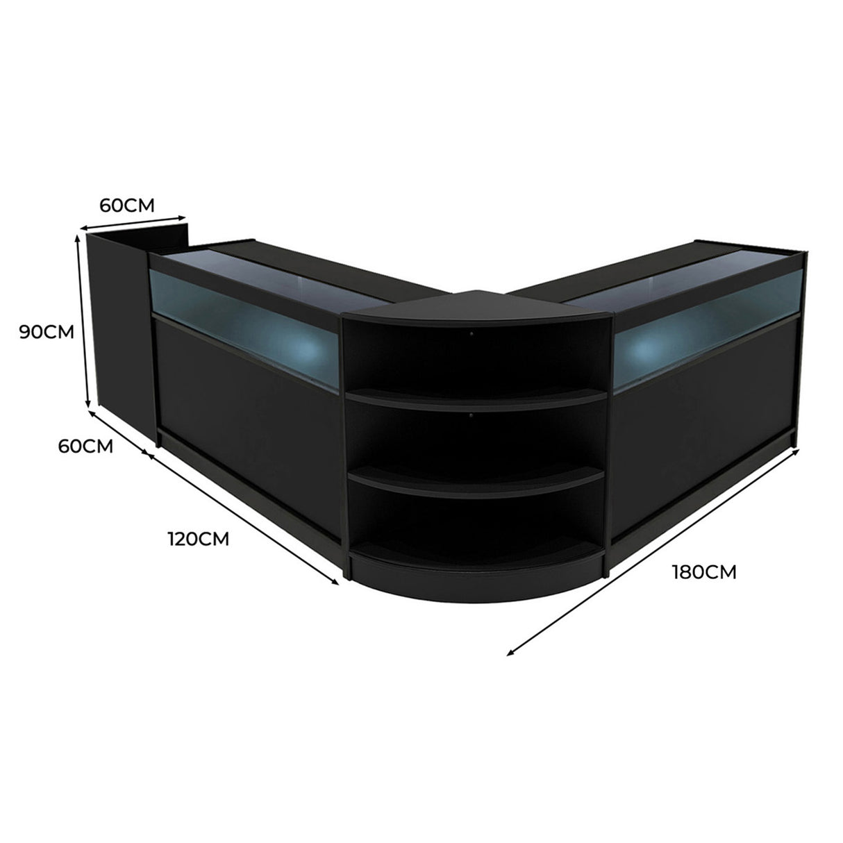 Conjunto de Balcões Comerciais com Luz LED "SAGITTARIUS " LM60 + 2xB1200 + TB60 – cor Preto