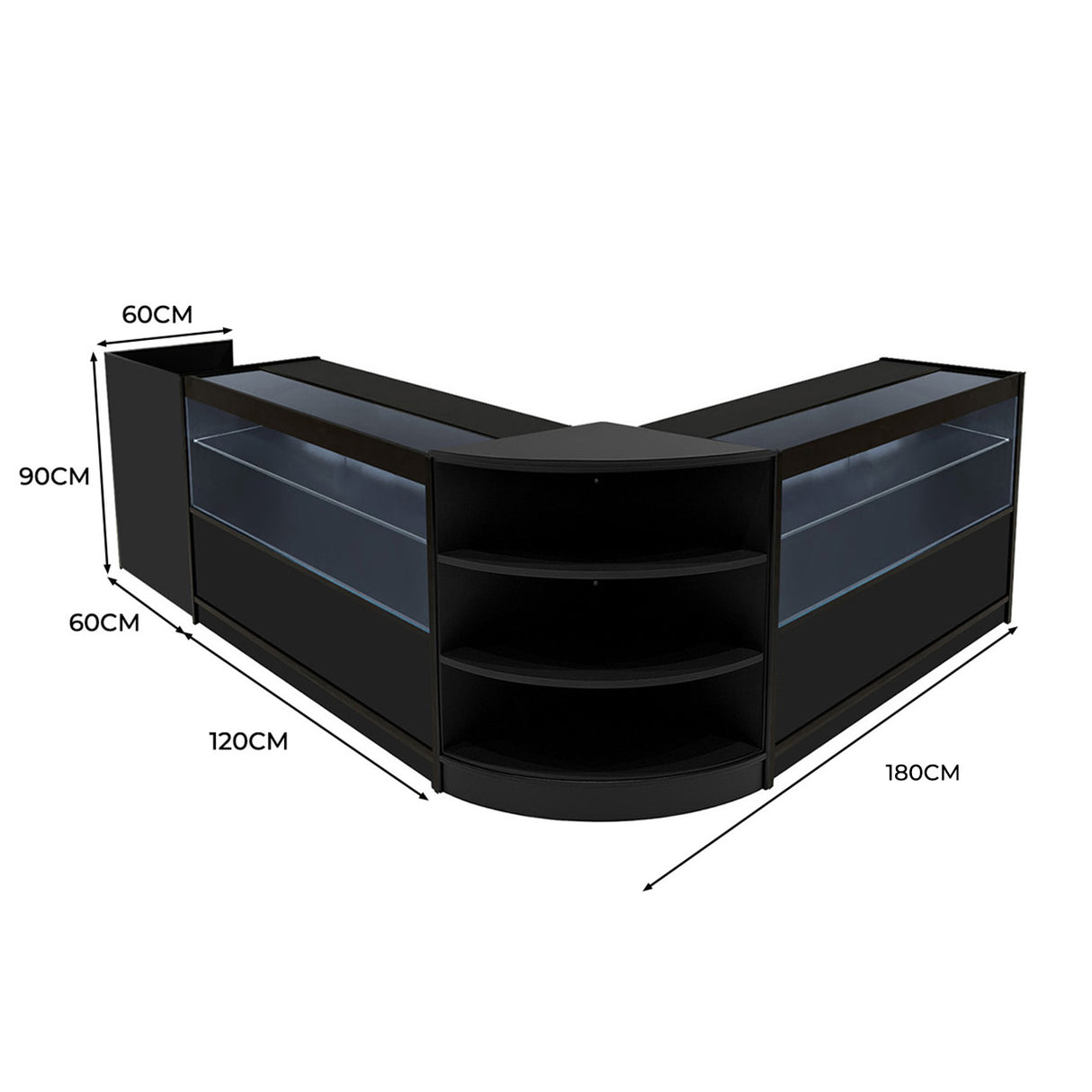 Conjunto de Balcões Comerciais com Luz LED "ECLIPSE" LM60 + 2xC1200 + TB60 – cor Preto
