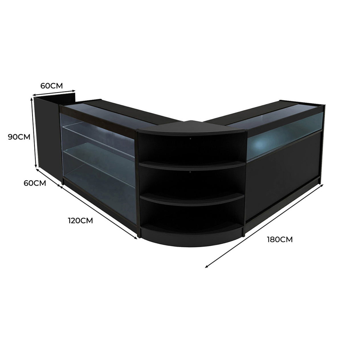 Conjunto de Balcões Comerciais com Luz LED "HYPERION" LM60 + B1200 + K1200 + TB60 – cor Preto