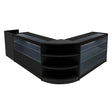 Conjunto de balcões comerciais em preto, com prateleiras de vidro e iluminação LED, ideal para exibição de produtos em lojas