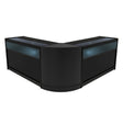 Conjunto de balcões comerciais em formato de "V", cor preta, com iluminação LED azul na parte superior e acabamento moderno e elegante