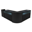 Conjunto de balcões comerciais em preto, com iluminação LED, design moderno e superfícies lisas, ideal para exibição de produtos