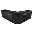 Conjunto de balcões comerciais "POLARIS" em preto, com luz LED, design moderno e superfícies de vidro, ideal para lojas e exposições