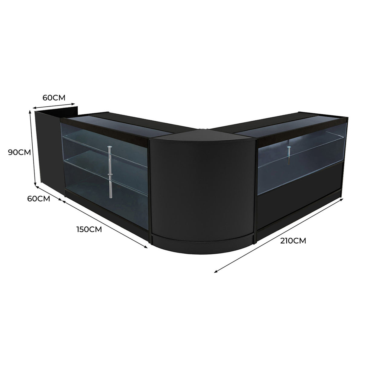 Conjunto de Balcões Comerciais com Luz LED "VEGA" CM60 + K1500 + C1500 + TB60 – cor Preto